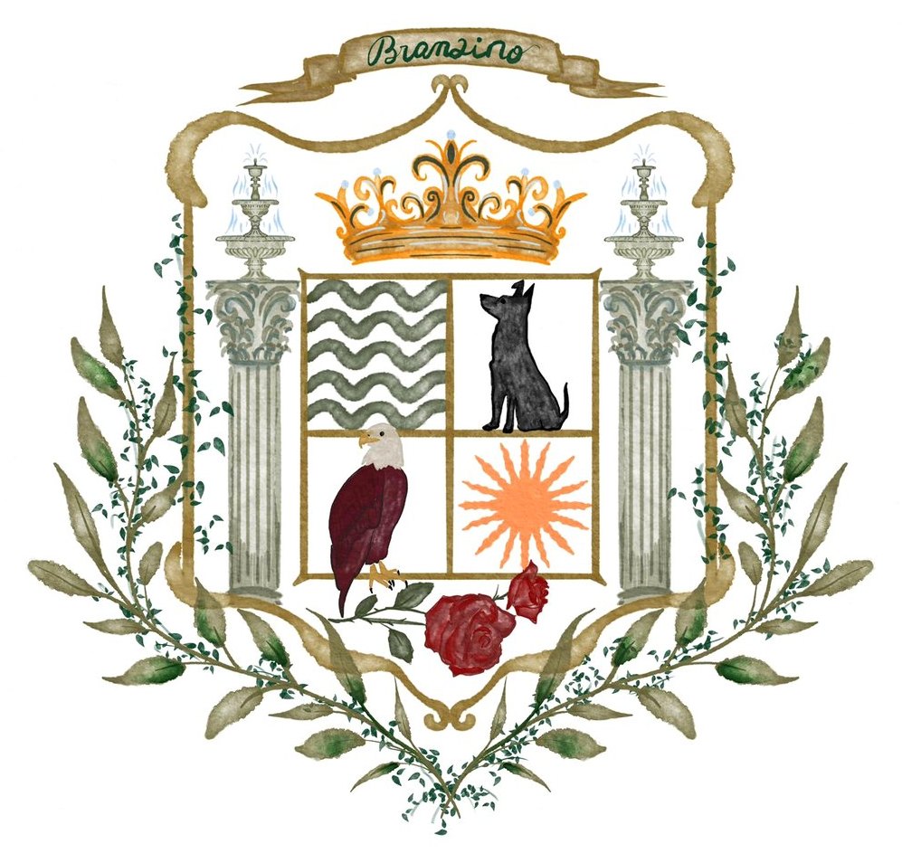 The Branzino family crest: a crown, columns, olive branches, a black dog, an eagle, a sun, waves and roses